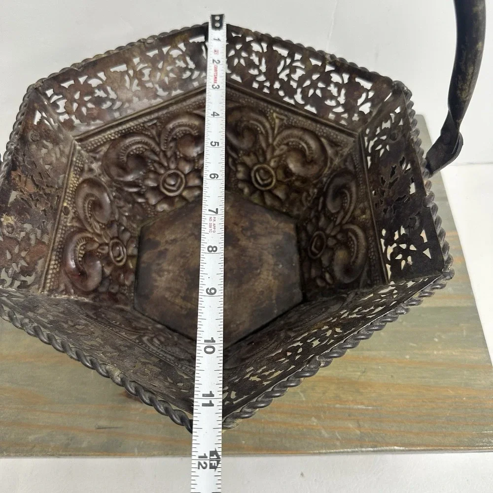 Vintage Antiqued Bronze Tone Metal Basket Ornate Swing Handle Fruit Wedding 10